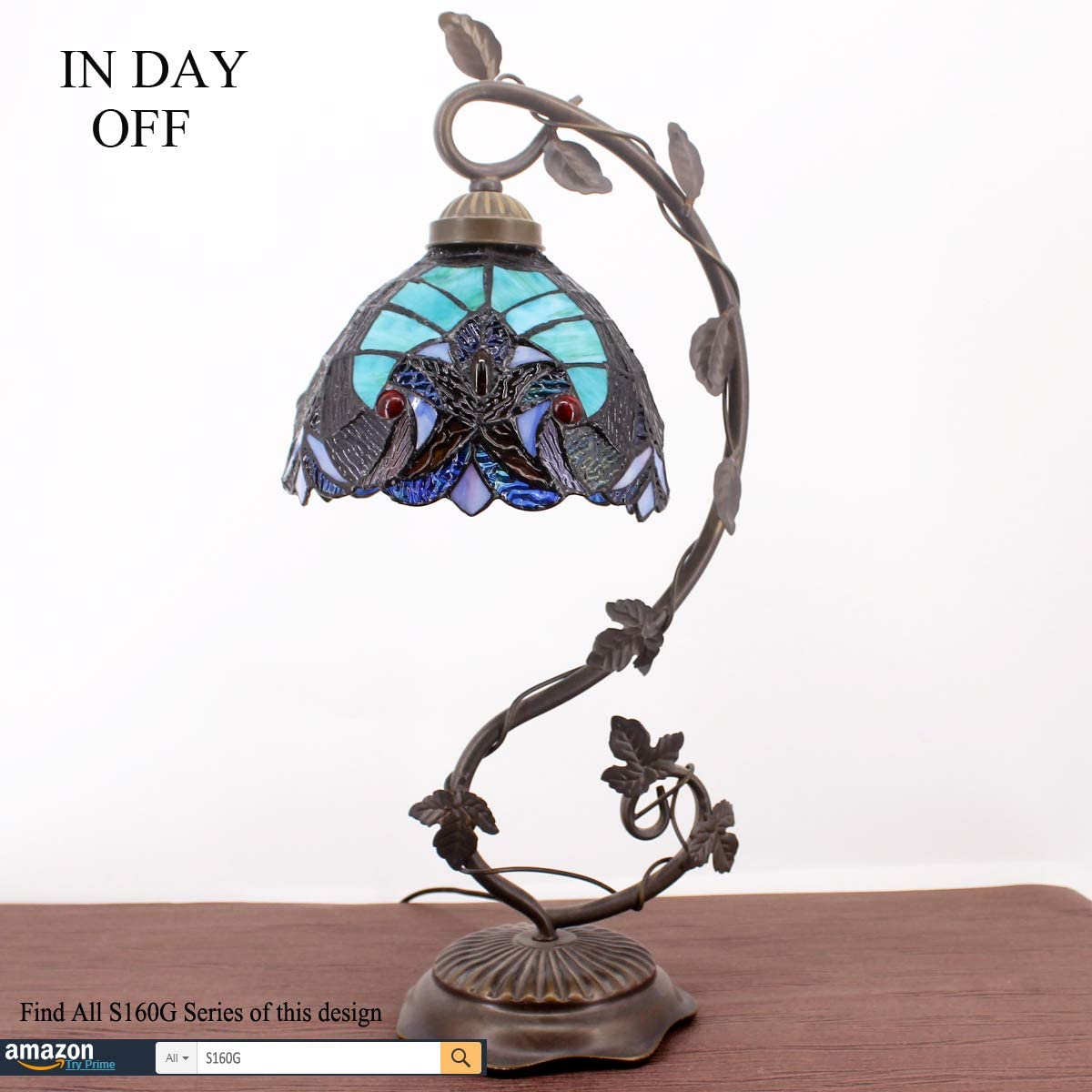 SHADY Stained Glass Lamp Tiffany Style Bedside Table Lamp Reading Desk Light  Metal Leaf Base 8X10X21 Inches Decor Small Space Bedroom Home Office S160G Series