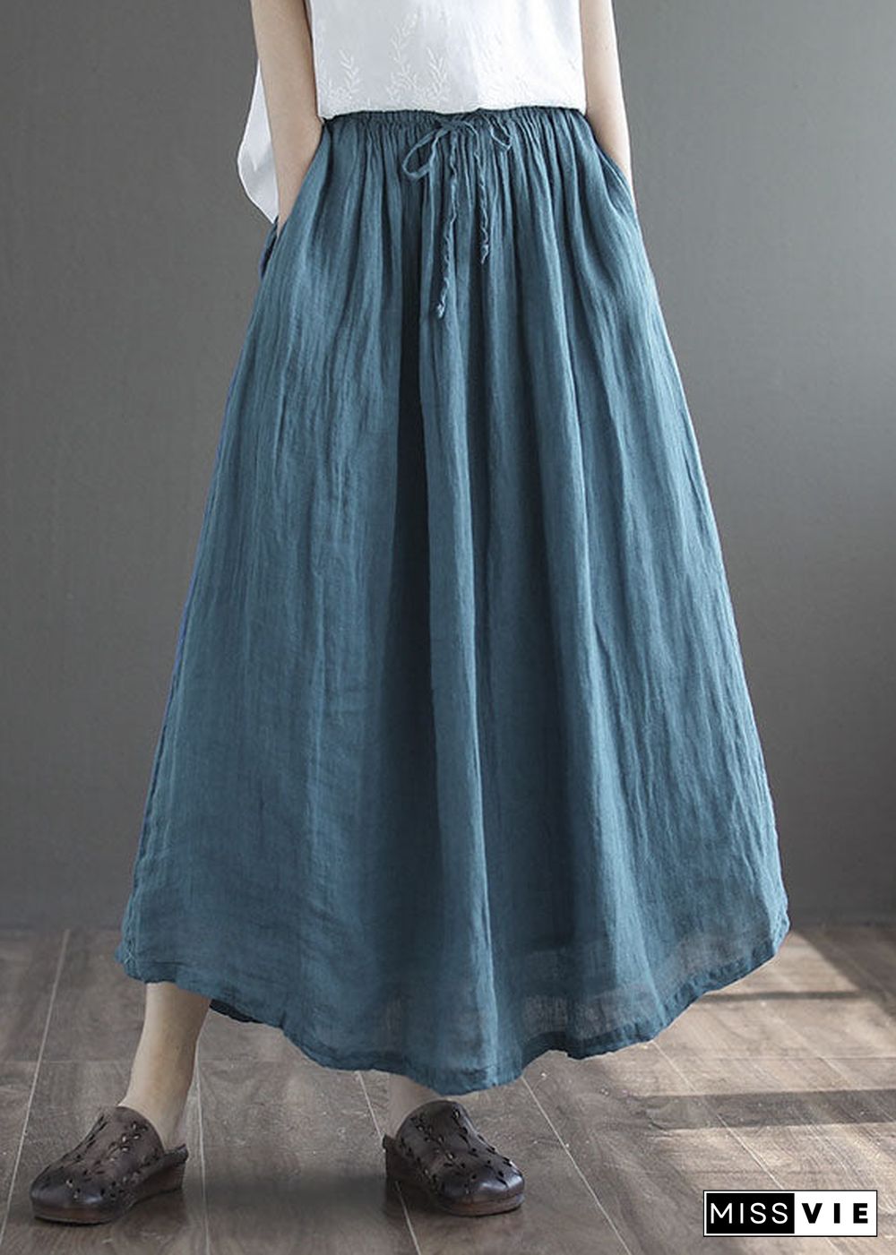 Simple Dark Blue Elastic Waist Double-deck Linen Skirts Summer