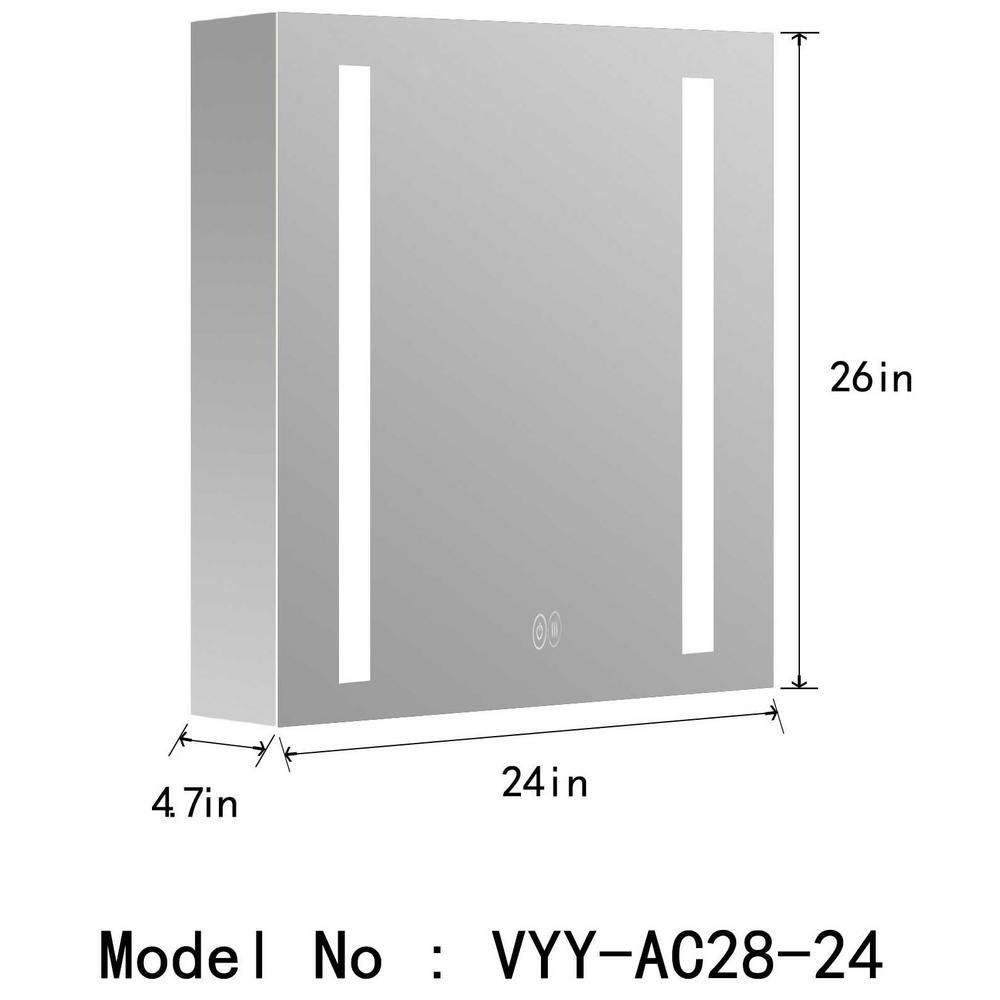 Erie 24 in. W x 26 in. H Rectangular Silver Aluminum Recessed Surface Mount LED Medicine Cabinet with Mirror VYY-AC28-24