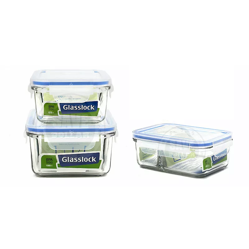 Glasslock Duo 3 Piece Clear Glass Microwave Safe Divided Food Storage Containers