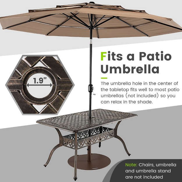 Patio Rectangle Dining Table Outdoor Cast Aluminum Table W Umbrella Hole