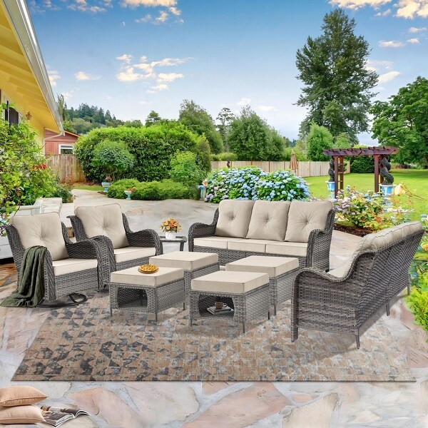 Wicker Patio Furniture Conversation Set with High Back Swivel Chairs and Storage Ottomans，Cushions Included🎃