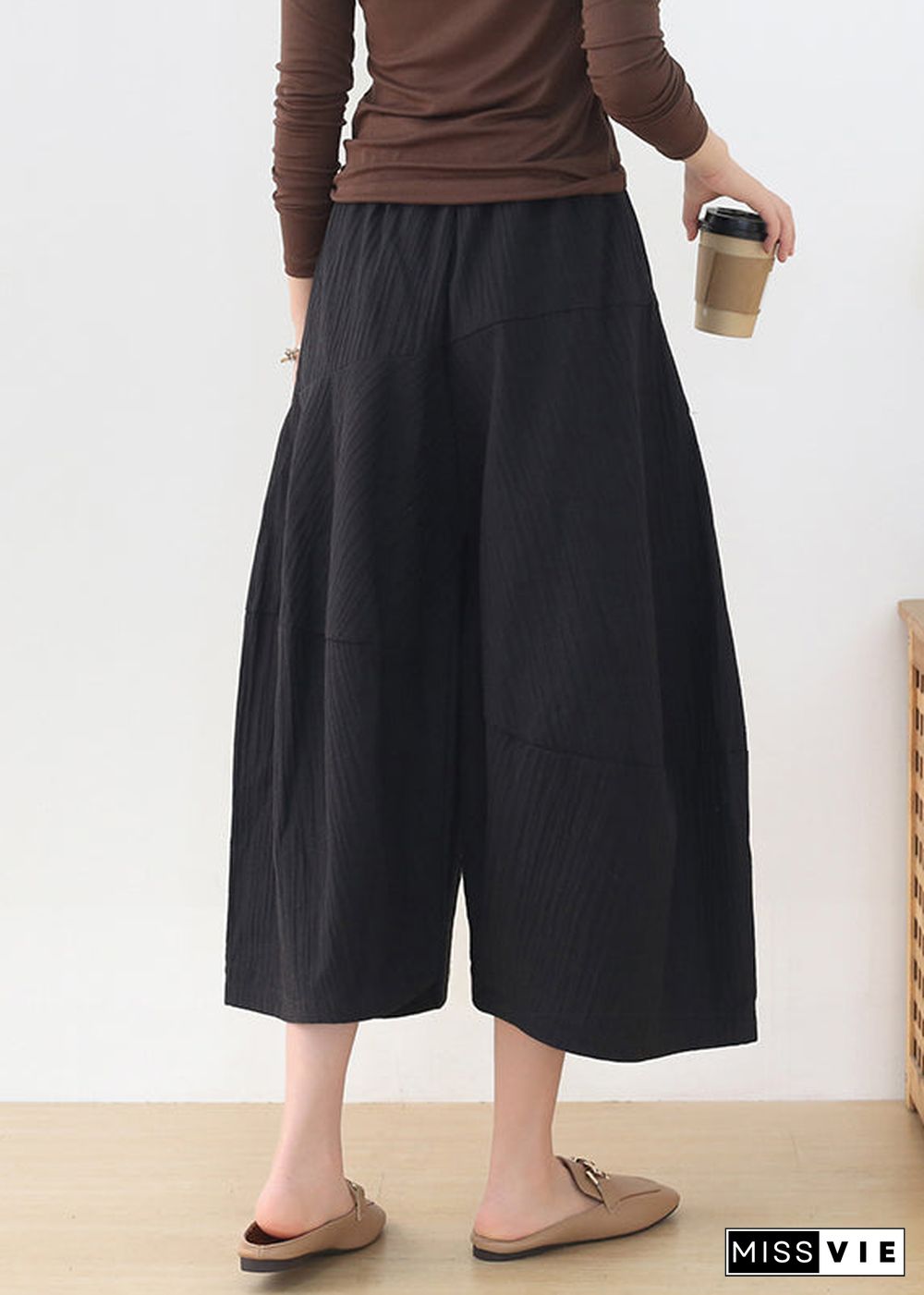 Casual Black Elastic Waist Pockets Linen Wide Leg Pants Fall