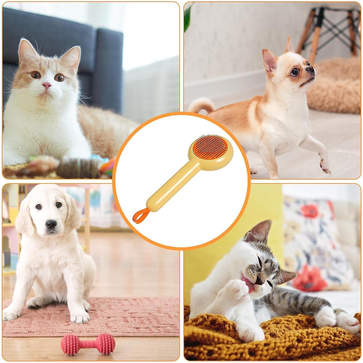 Self Cleaning Cat Hair Removal Brush， Dog Cat Deshedding Brush Mats Hair Shedding Brush， Pet Grooming Shedding Brush， Pets Grooming Comb Kit -yellow