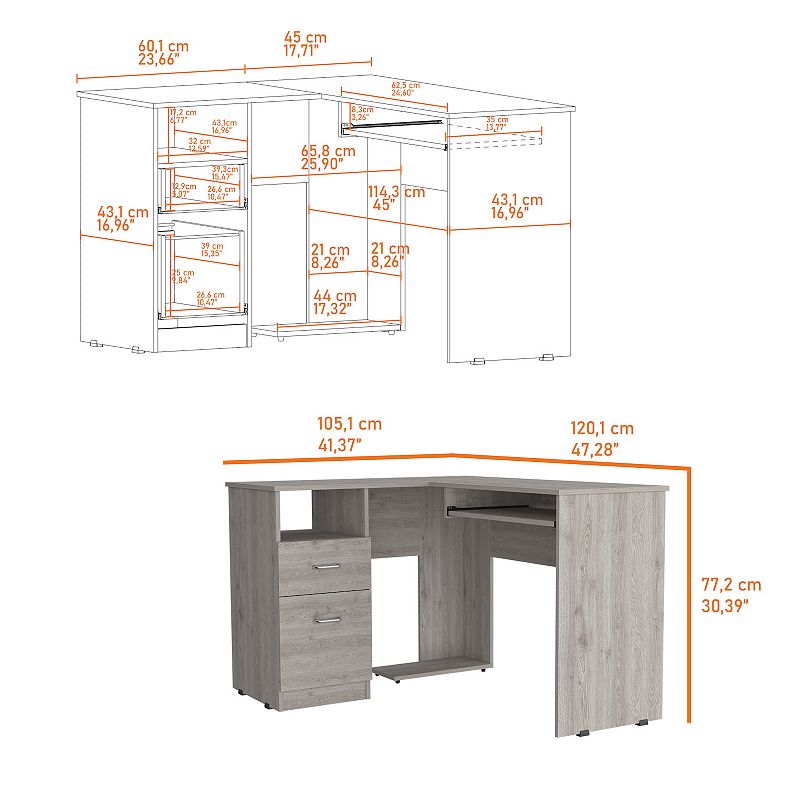 Raleigh L-Shaped Desk， Two Drawers， One Shelf， CPU Storage