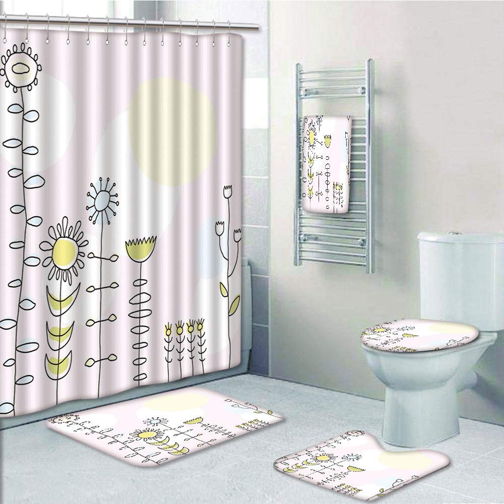 PRTAU Kids Cute Sunflower Tulips Daisy Field Sun Nature Childish Cartoon 5 Piece Bathroom Set Shower Curtain Bath Towel Bath Rug Contour Mat and Toilet Lid Cover