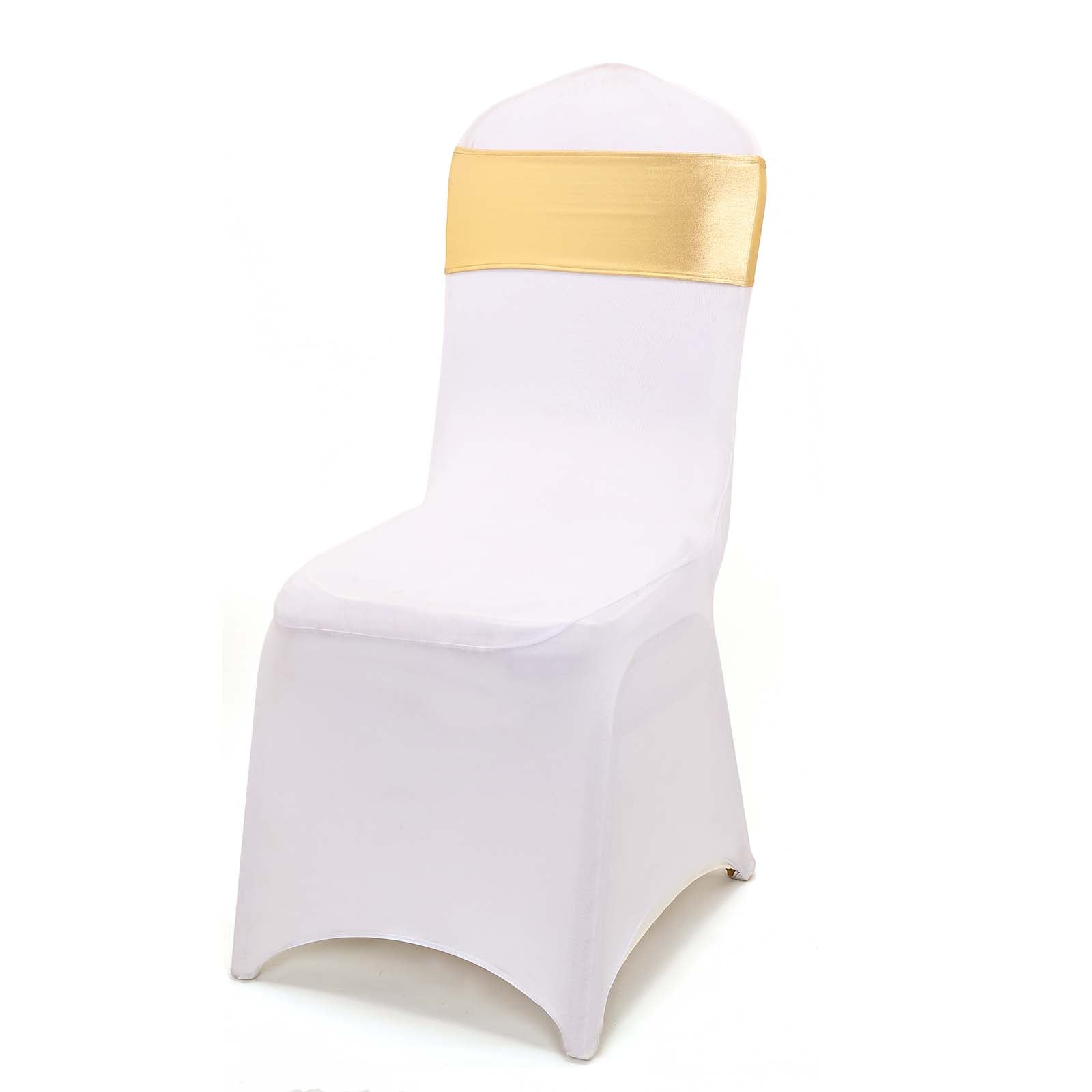 5 Pack Metallic Gold Spandex Chair Sashes With Attached Round Diamond Buckles