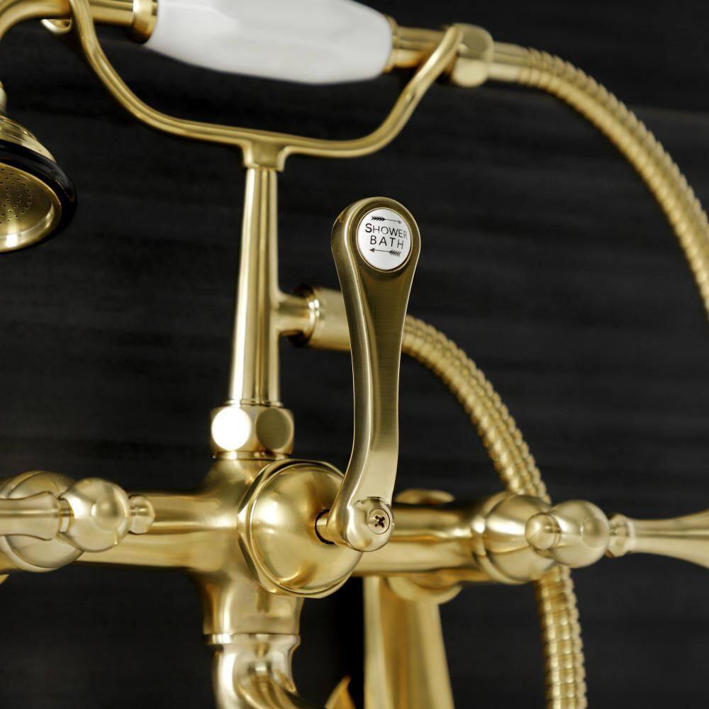 Kingston Brass Aqua Vintage 3-Handle Wall-Mount Clawfoot Tub Faucets with Hand Shower in Brushed Brass HAE51T7