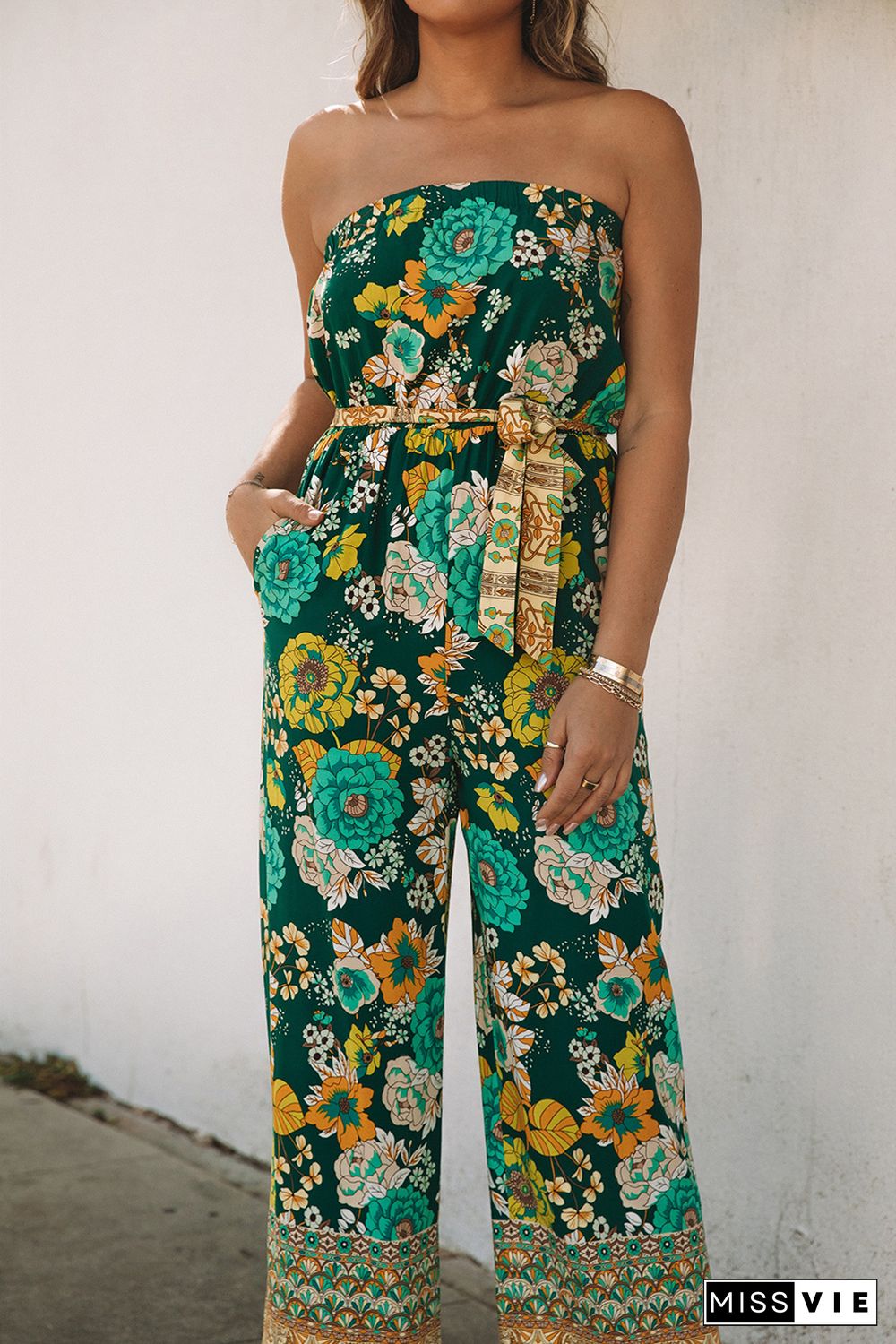 Green Boho Floral Belted Strapless Jumpsuit