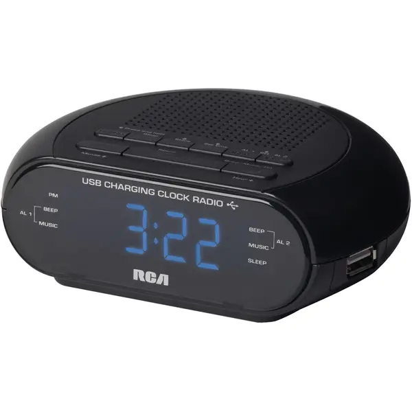 RCA Dual Wake FM Clock Radio with USB Charging Port