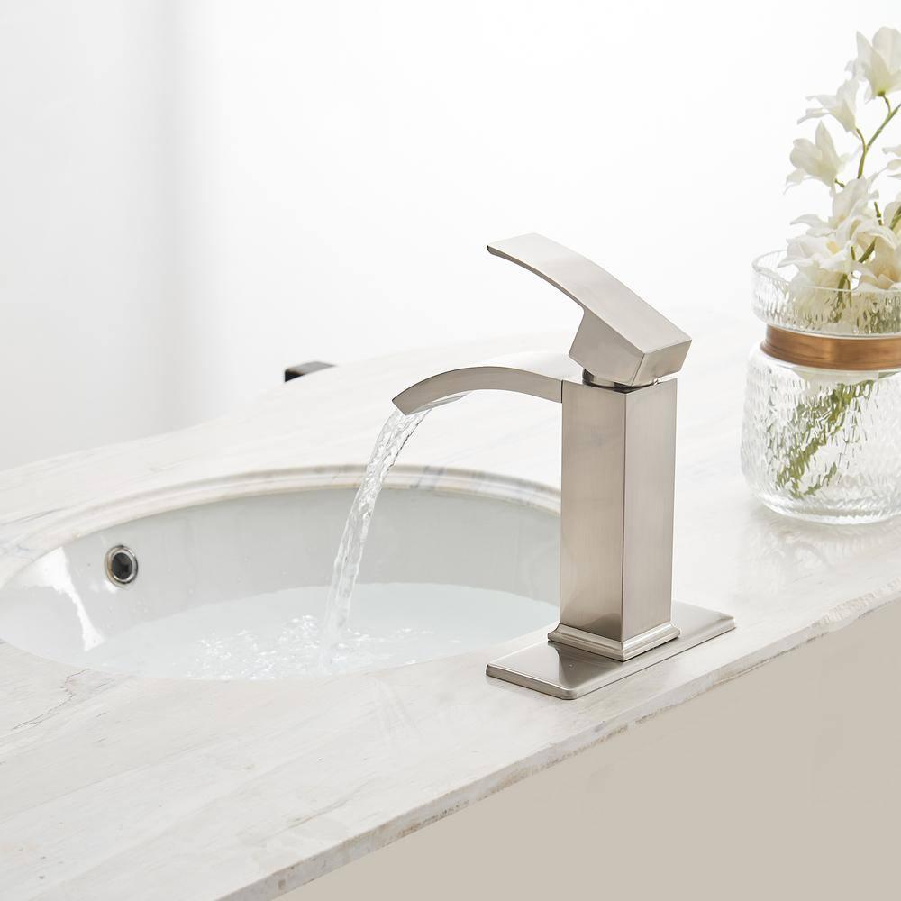 BWE Waterfall Single Hole SingleHandle LowArc Bathroom Sink Faucet With Popup Drain Assembly In Brushed Nickel