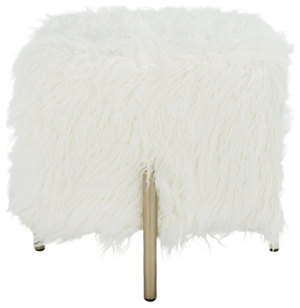 Raven Faux Fur Square Ottoman  White/Brass   Midcentury   Footstools And Ottomans   by Rustic Home Furniture Deco  Houzz