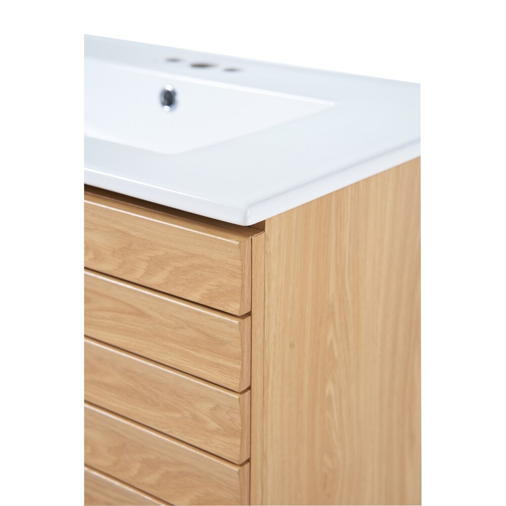 Calandre Thick Linear Slat Modern Farmhouse 2 Shelf Bath Vanity Cabinet with White Ceramic Sink Basin Top (Faucet not Included)