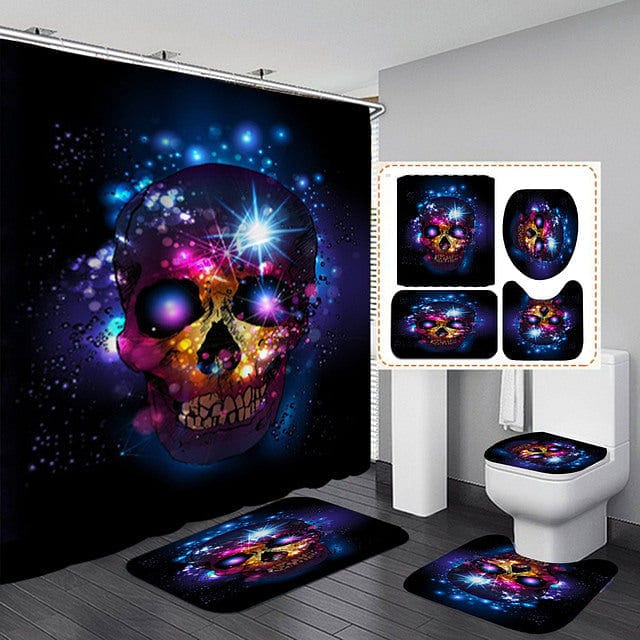 Skull Print Electric Shower Curtains Set with Bath Mat Carpet Toilet Cover