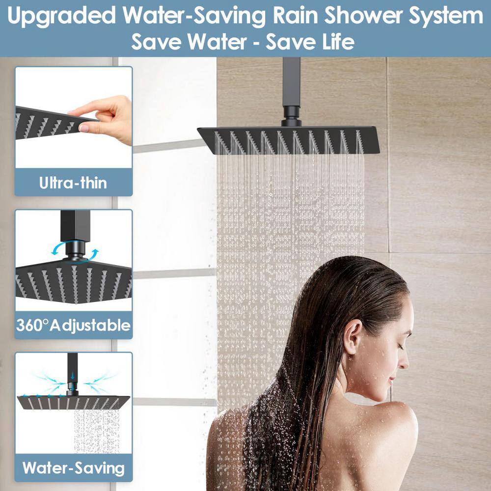 GRANDJOY Multiple Press 7-Spray Ceiling Mount 12 in. Fixed and Handheld Shower Head 2.5 GPM in Matte Black GJSFS1006-BK12