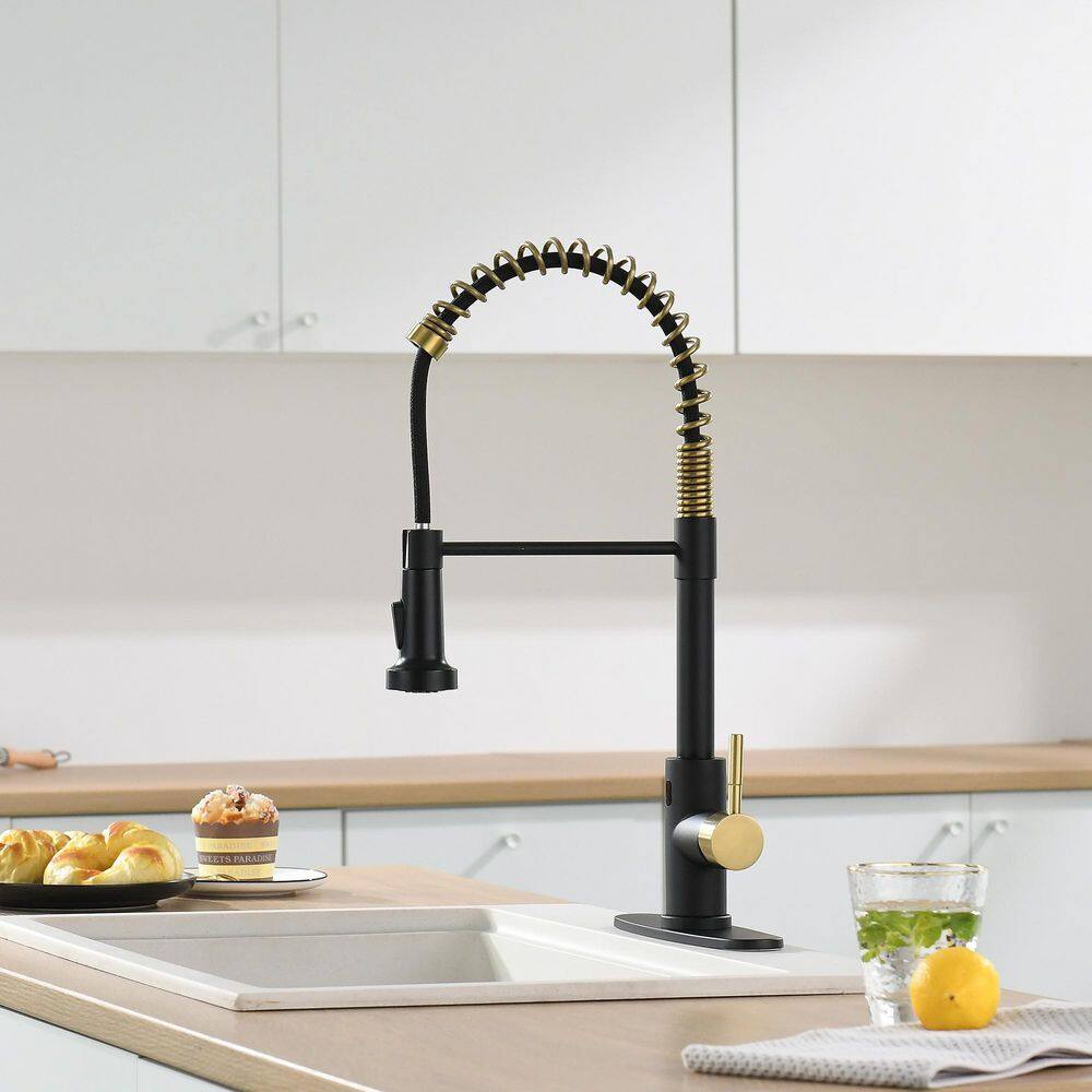 Boyel Living Single Handle Touchless Pull Down Sprayer Kitchen Faucet with Deckplate Included in Black  Brushed Gold BL-IS1306-33BG