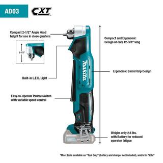 Makita 12V max CXT Lithium-Ion Cordless 38 in. Right Angle Drill Kit (2.0 Ah) AD03R1