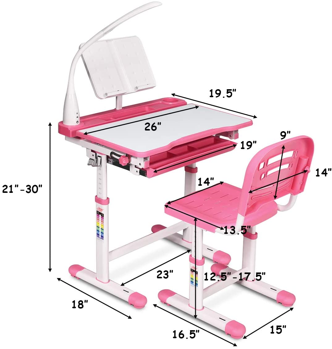 Baby Joy Kids Desk and Chair Set, Height Adjustable Child Desk Set w/LED Lamp, Bookstand, Tilt Desktop, Metal Hook