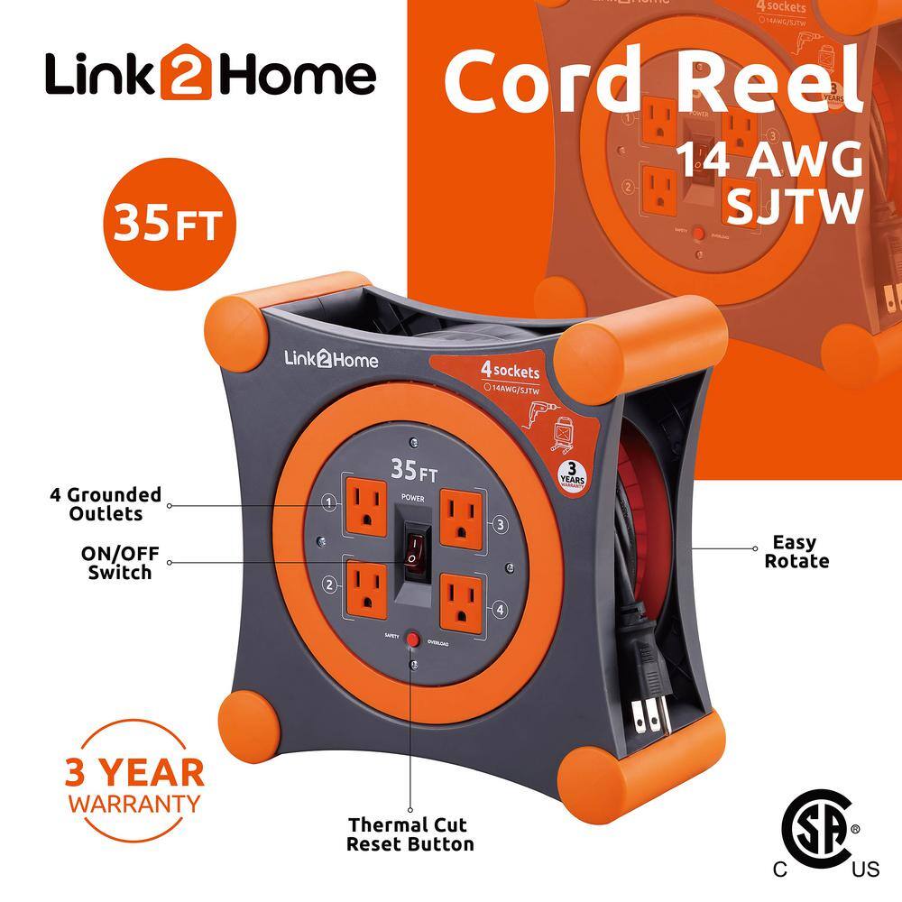 Link2Home 35 ft. 143 Extension Cord Storage Reel with 4 Grounded Outlets and Overload Protection EM-EL-350E