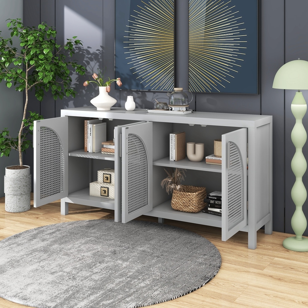 Large Storage Space Sideboard with Artificial Rattan Door and Metal Handles for Living Room   Entryway