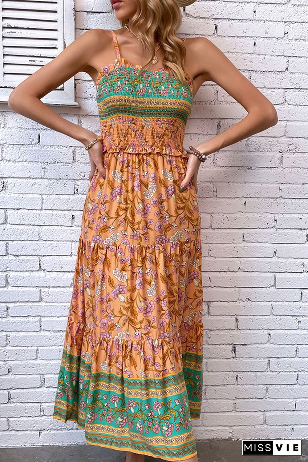 Orange Boho Flower Print Spaghetti Dress