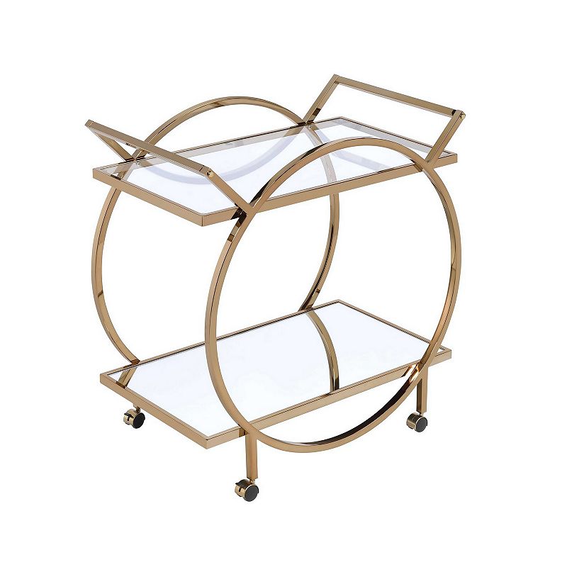 Metal Serving Cart with Mirrored Open Shelf and Tubular Angled Handles， Gold and Clear