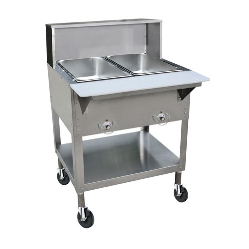 Kratos 28W-201 Mobile Two Pan Open Well Electric Steam Table with Undershelf， Overshelf， and Sneeze Guard， 120V， 1000W