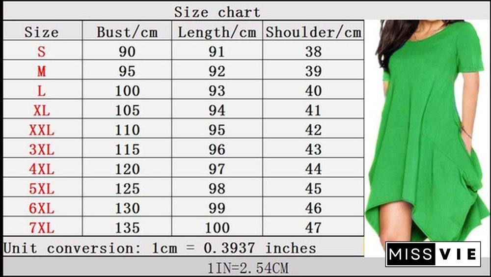 Summer Women's Fashion Solid Color Tunics Irregular T-Shirt Dresses Loose Casual O-Neck Chiffon Short Sleeves Dress Sexy Beach Dress Plus Size Pocket Dress Ruffles Party Mini Dress S-7Xl