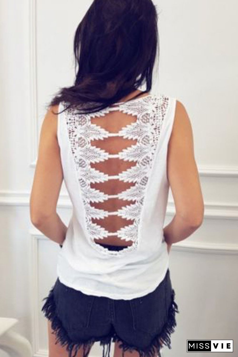 White Lace Hollow Out O-Neck Vest Tank Top