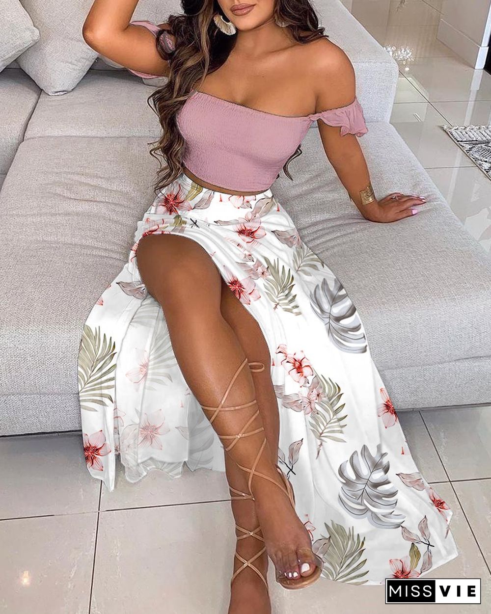 Solid Off Shoulder Crop Top & High Split Skirt Set