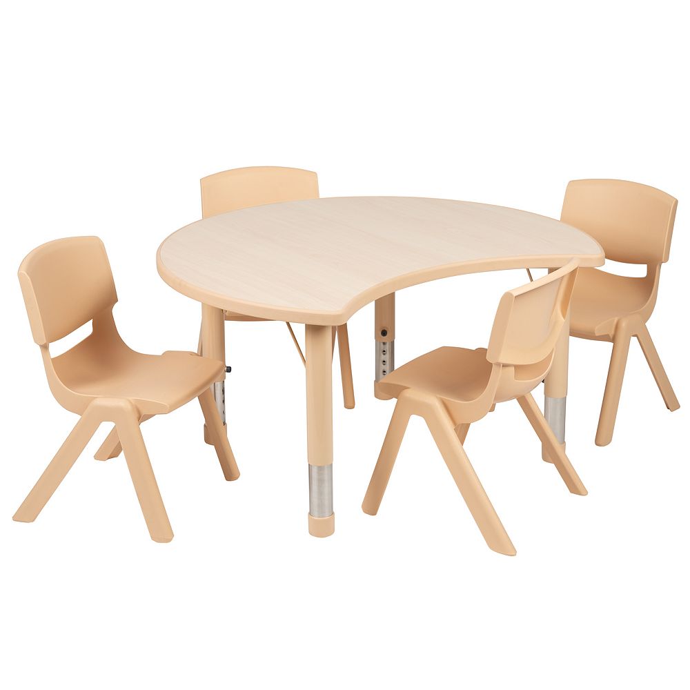 Emma and Oliver 25.125W x 35.5L Crescent Natural Plastic Adjustable Kids Table Set - 4 Chairs