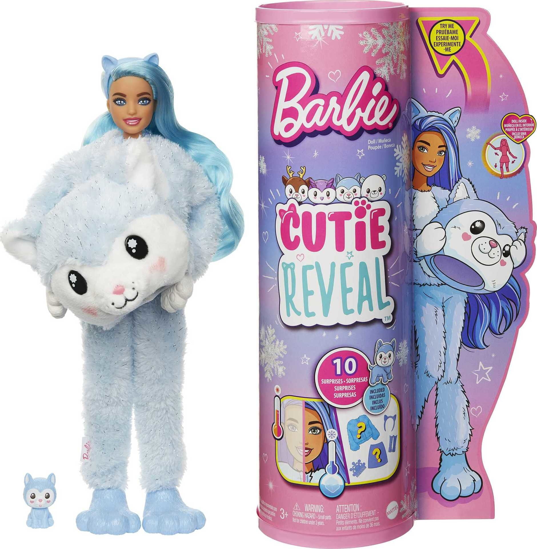 Barbie Cutie Reveal Snowflake Sparkle Fashion Doll with Husky Plush Costume, Mini Pet and Accessories