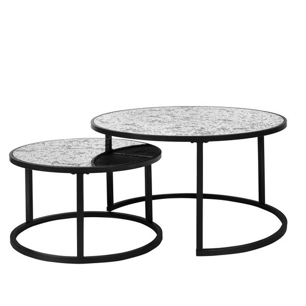 Set of 2 round coffee tables with metal frame and glass top table