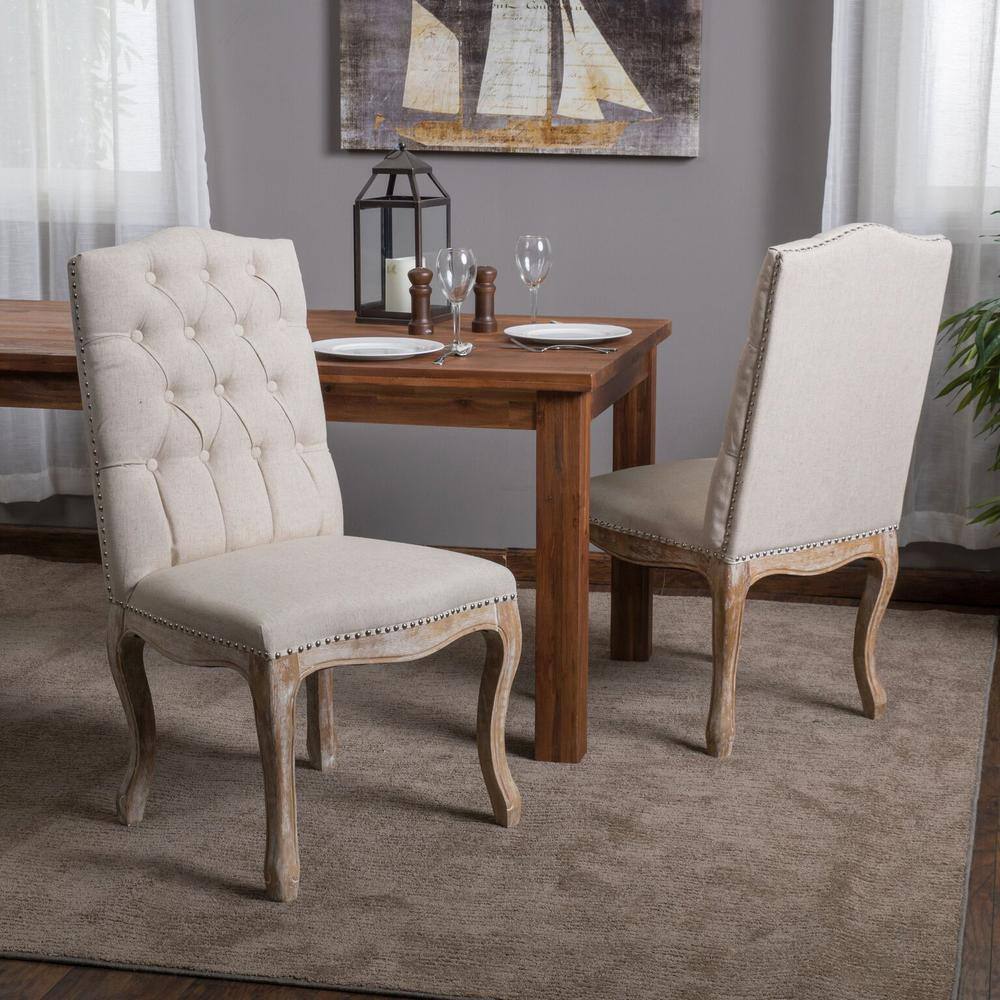 Noble House Wembley Beige Fabric and Weathered Hardwood Dining Chairs (Set of 2) 657