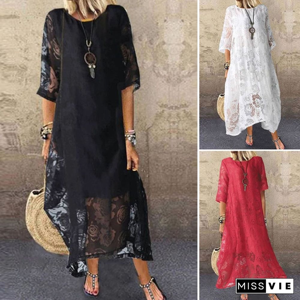 ZANZEA Women Oversized Lace Crochet Cotton Lining Crew Neck Loose Shirt Dress