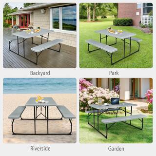 Gymax Metal Outdoor Folding Picnic Table and Bench Set for Camping BBQ with Steel Frame Grey GYM09691