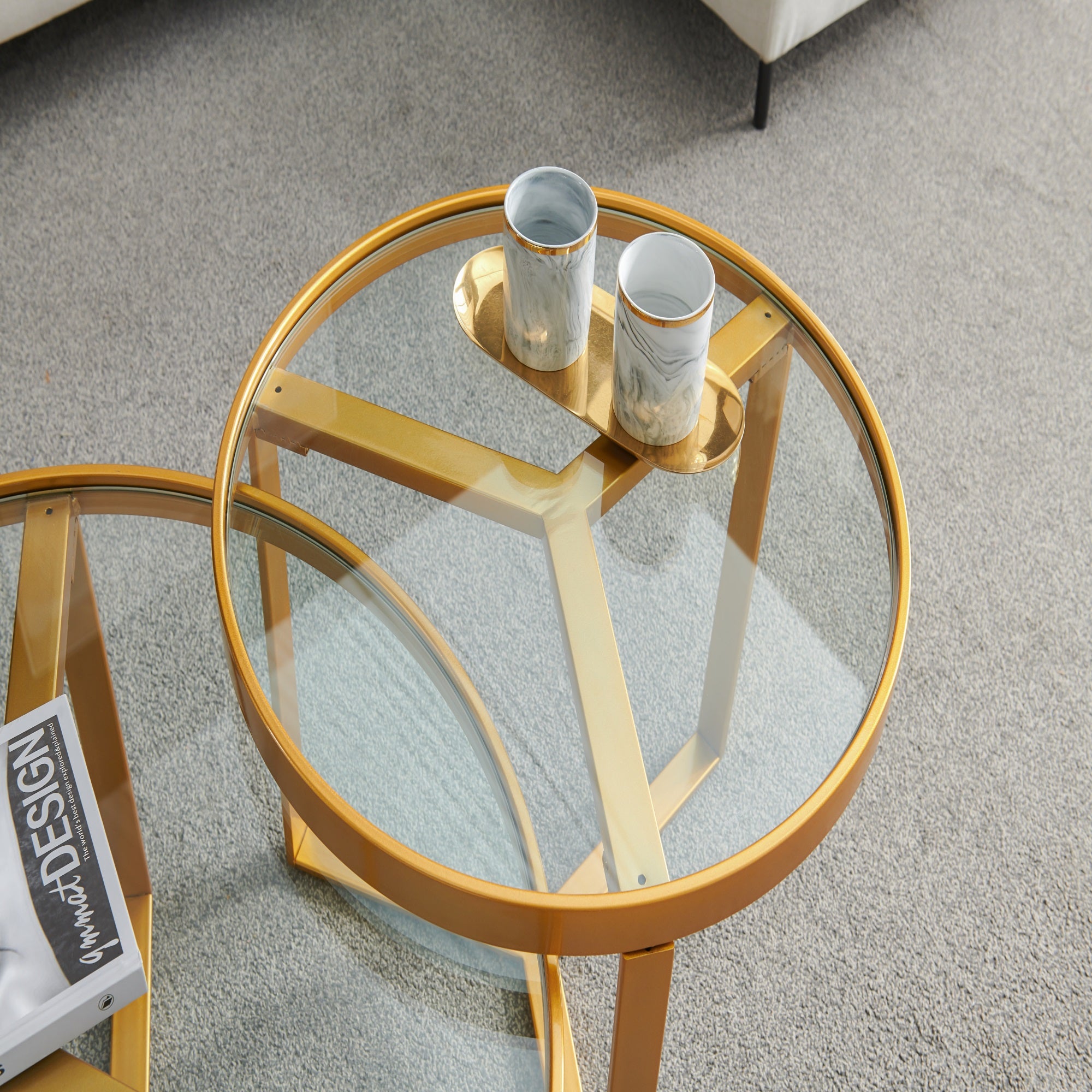 Andoer Golden Modern coffee table,Golden metal frame with round tempered glass tabletop