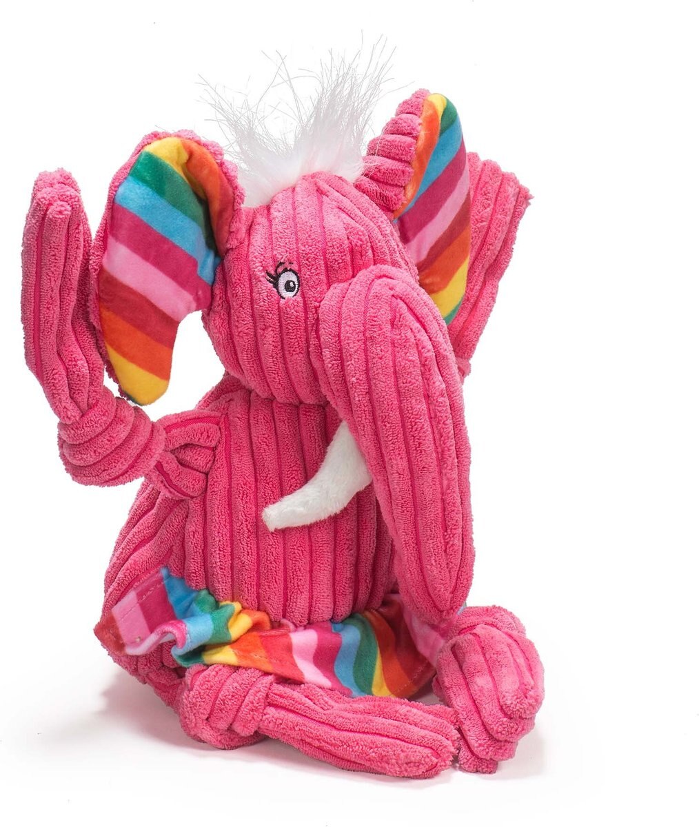 HuggleHounds Rainbow Durable Plush Corduroy Knotties Elephant Squeaky Dog Toy