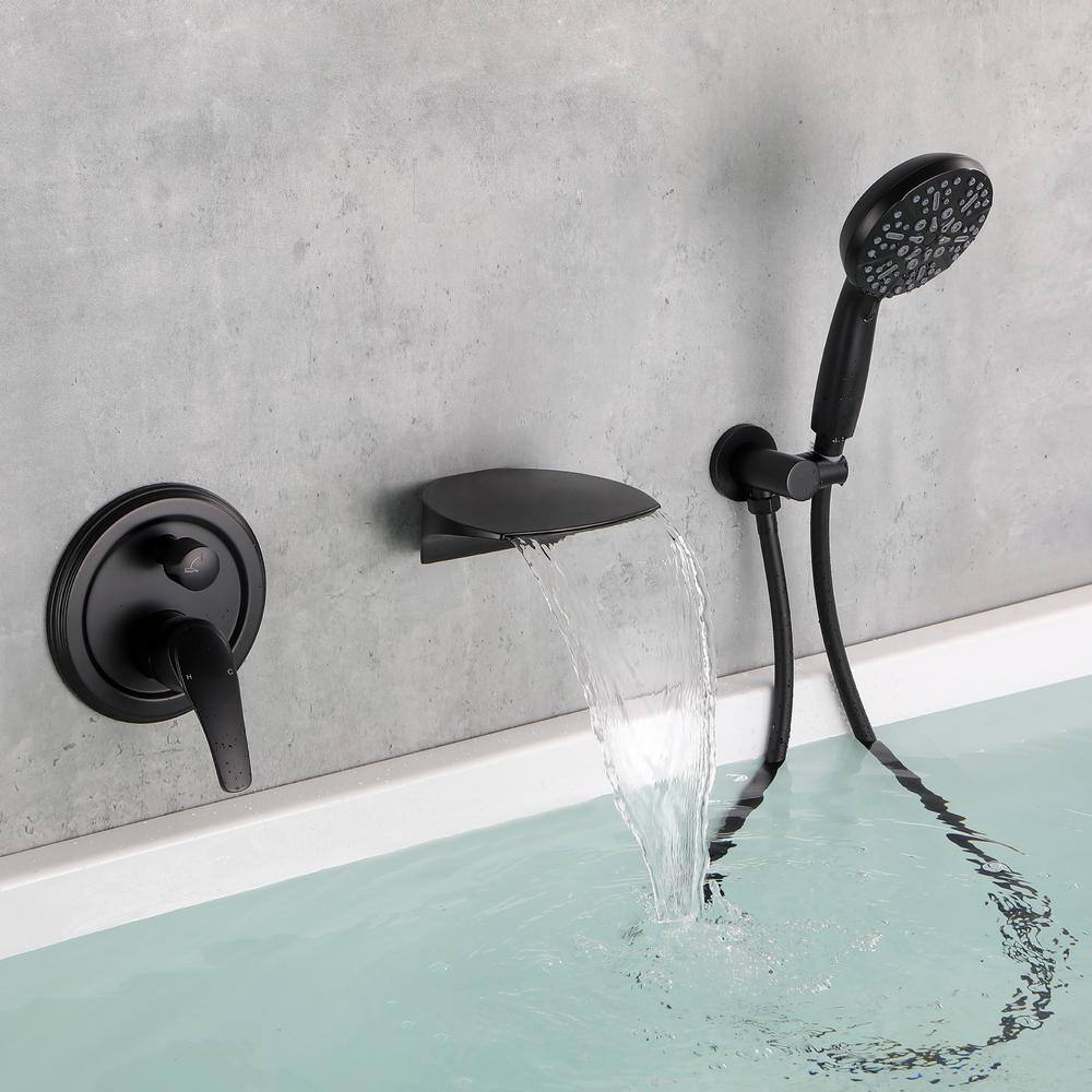 Miscool Pop Single-Handle Wall Mount Roman Tub Faucet with 7-Spray Round Hand Shower in Matte Black (Valve Included) SHSMDH10E026BL