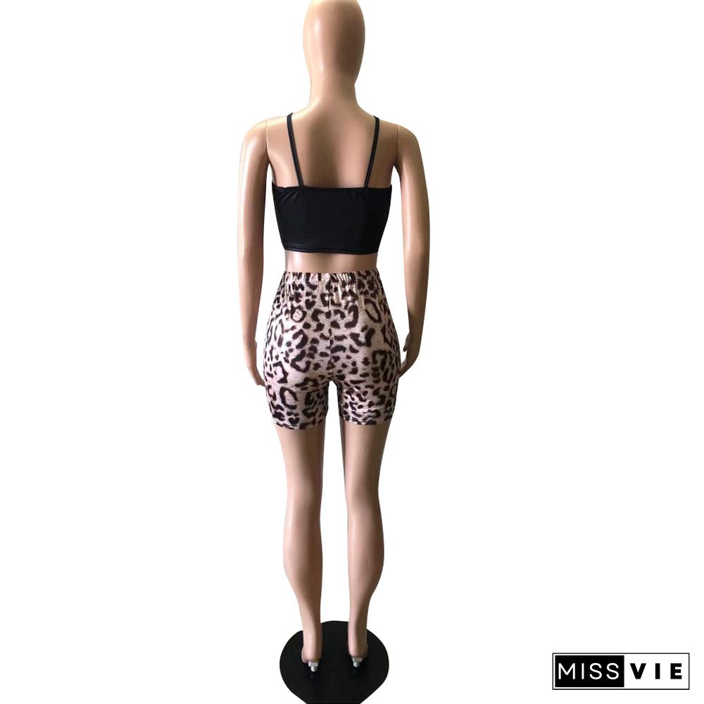 Spaghetti Straps Crop Top Leopard Print Shorts Set