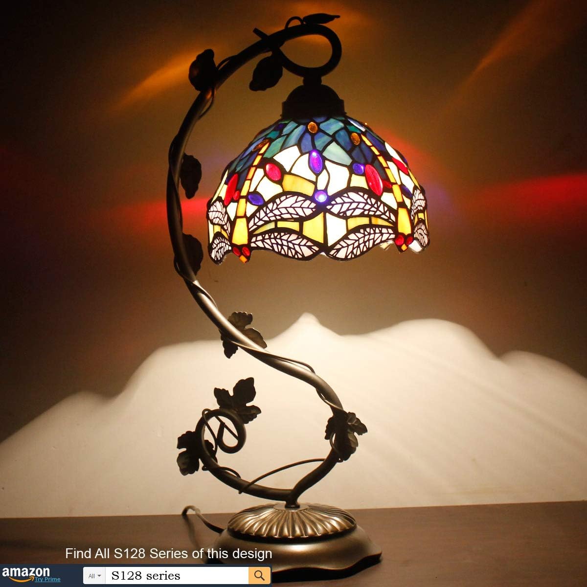 GEDUBIUBOO  Lamp Stained Glass Table Lamp Blue Yellow Dragonfly Style Desk Light Metal Leaf Base 8X10X21 Inches Decor Small Space Bedroom  Office S128 Series