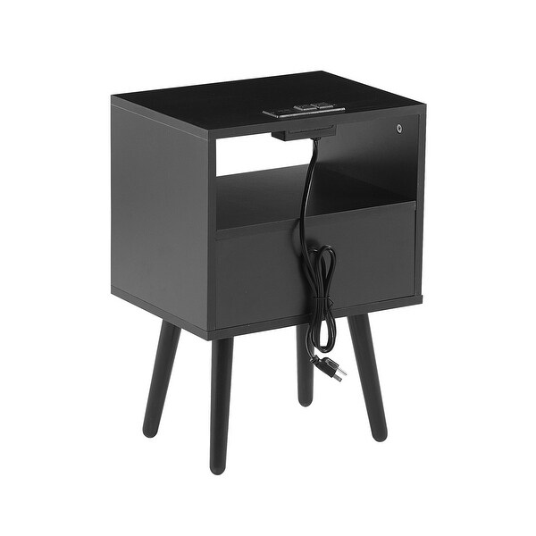 Nightstand Rattan End Table With Outlet USB Ports And drawer - - 37454457