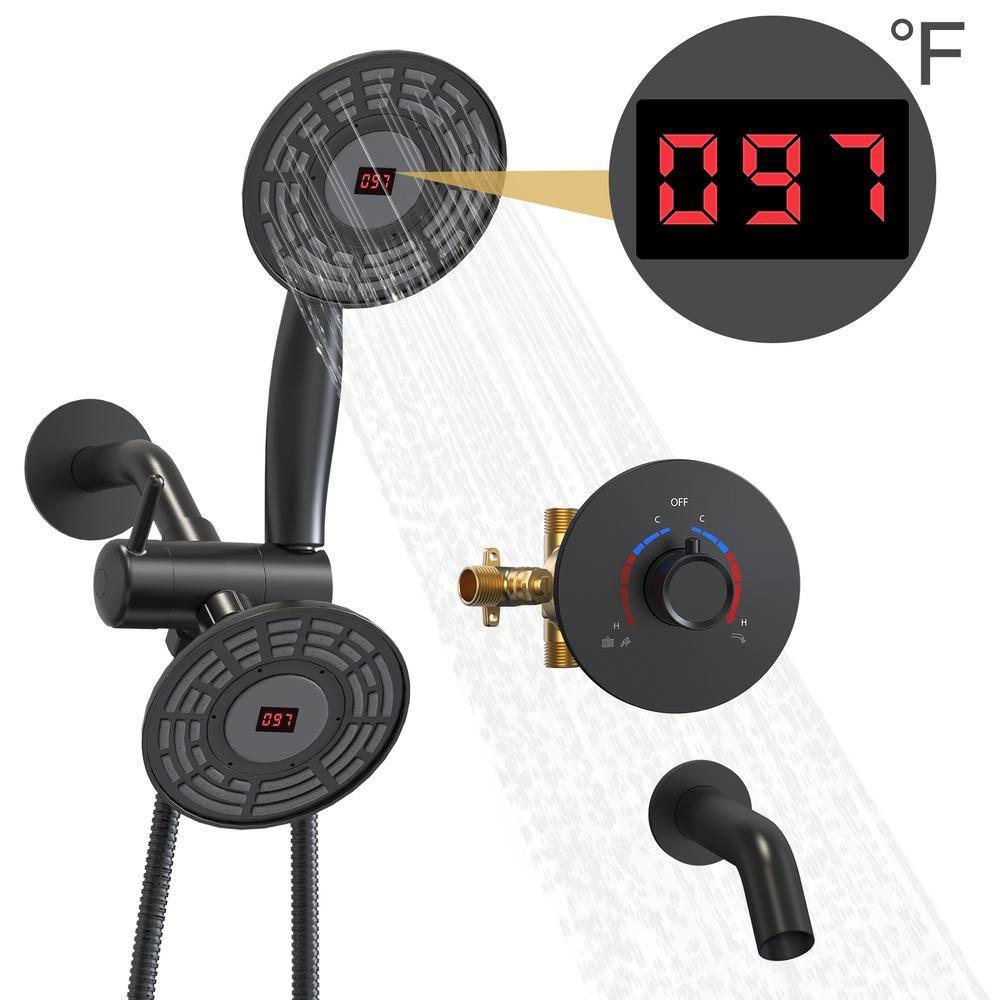 CRANACH Single Handle 3-Spray Tub and Shower Faucet 2.5 GPM Temperature Display Shower Head in Matte Black (Valve Included) SRSFS-1020-BK5