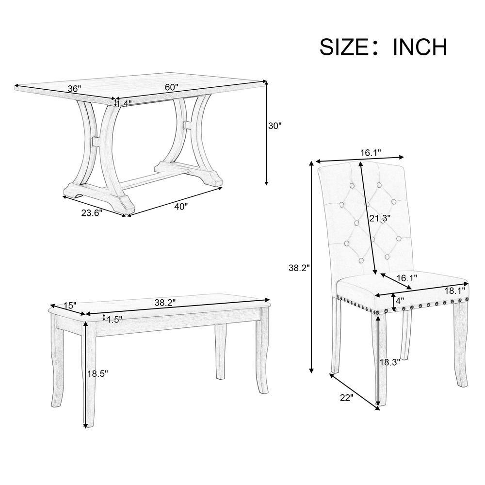 Harper  Bright Designs Farmhouse 6-Piece Natural Wood Wash Rectangular MDF Top Dining Table Set Seats-6 with 4-Upholstered Chairs and Bench XW061AAD