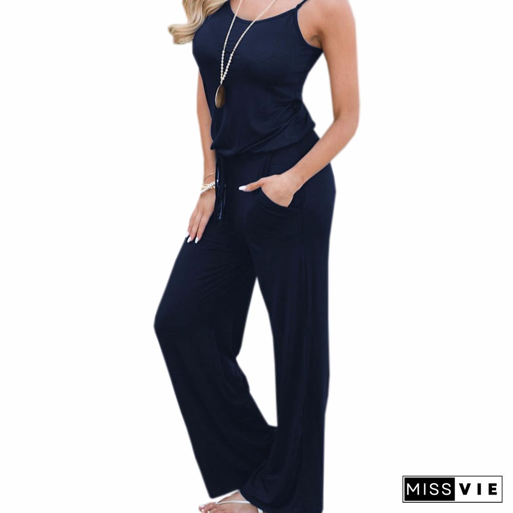 Summer Spaghetti Strap Jumpsuits Women Rompers Casual Jumpsuit Female Overalls Loose Wide Leg Long Pants 2XL Fashion PR049G