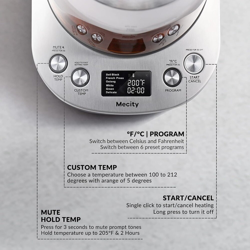 1.7L Electric Glass Tea Maker  LCD Display and Preset Brewing Programs