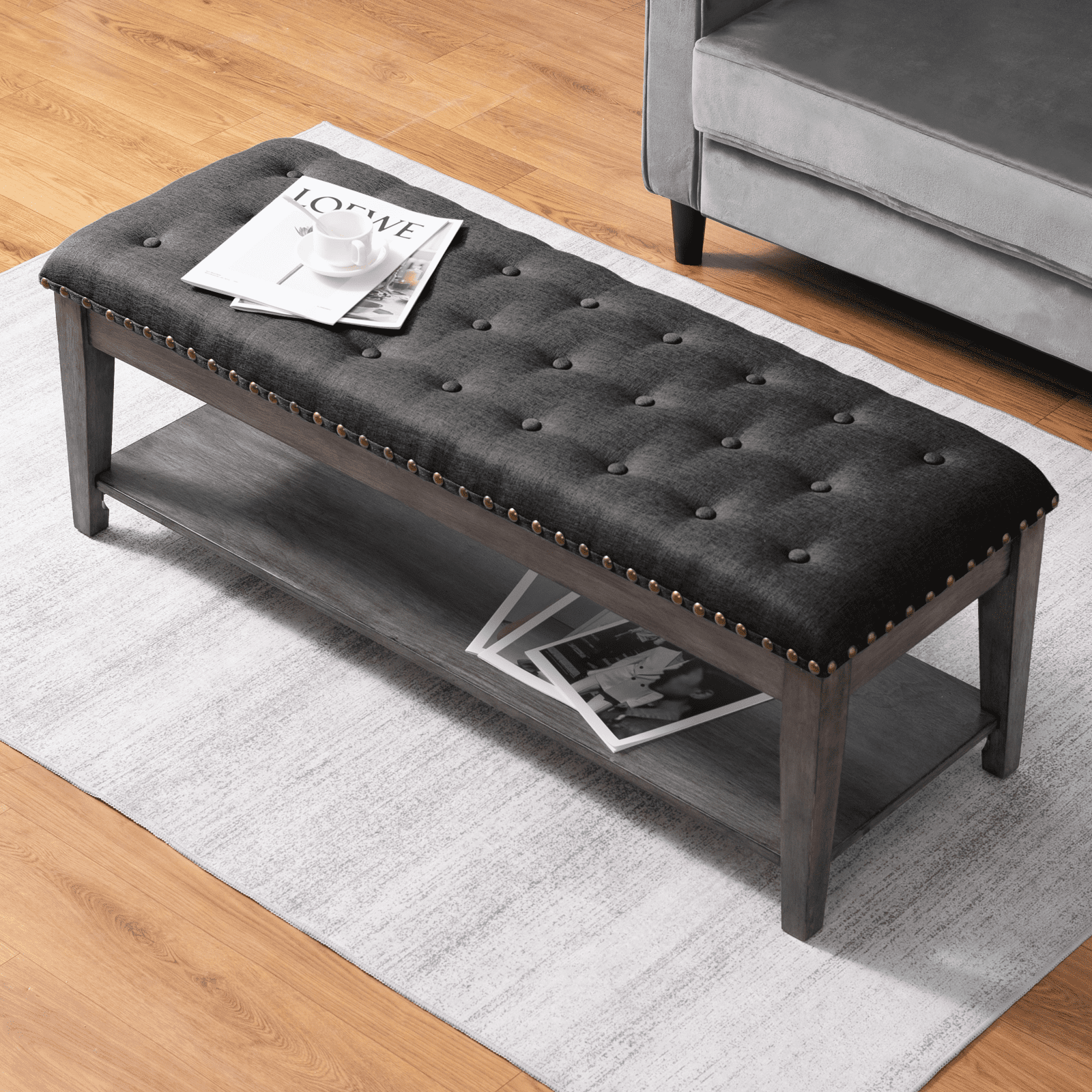 MUZZ Large Rectangular Upholstered Bench, Tufted Linen Ottoman Storage Benches with Solid Wood, Bed Bench with Storage Shelf, Entryway Bench for Bedroom/Living Room/Apartment (Dark Grey)