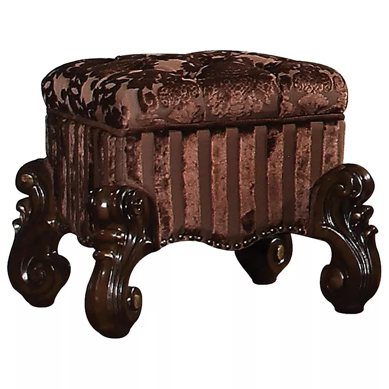 Tufted Fabric Upholstered Wooden Vanity Stool with Scrolled Legs， Cherry Oak brown