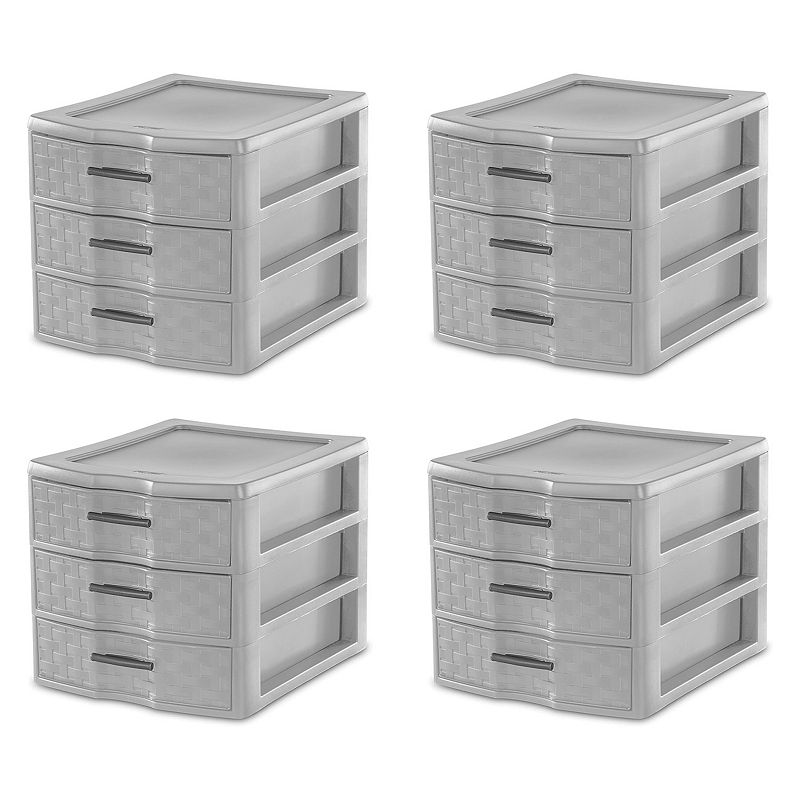 Sterilite Medium Weave 3 Drawer Storage Unit Versatile Organizer， Grey (4 Pack)