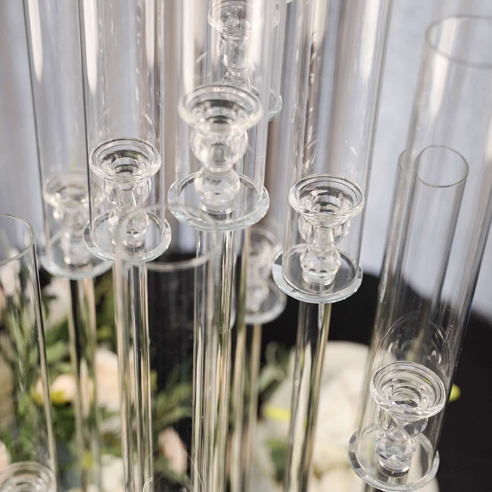 Clear 10 Arm Crystal Cluster Round Taper Candelabra, Candle Holder For Votive Pillar Candles With Mirror Base 47